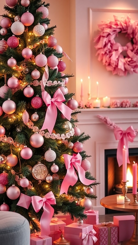 A Christmas tree with pink decorations, a pink wreath, and candles in a cozy living room.